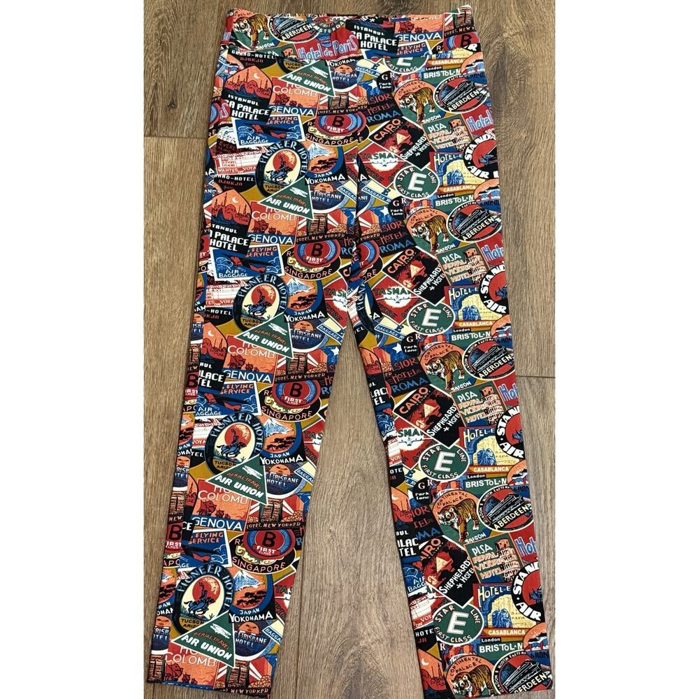 Krazy Larry NWOT Pull-On Ankle Pants Passport Stamp Colorful Hippie Sz 10